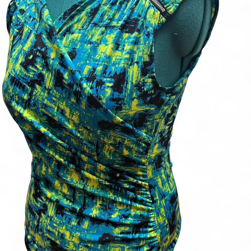 Abstract Brushstroke Surplice Ruched Sleeveless Top Blue Green Zipper Accent